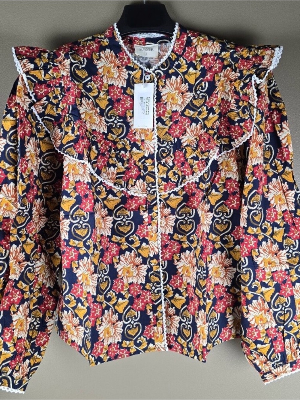 SONMER Dorothy Floral Ruffle Button-Front Blouse Navy NWT in plastic